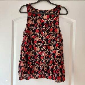 GAP BLACK RED TAN FLORAL COTTON/RAYON TOP BUTTON FRONT WITH RUFFLE SIZE SMALL